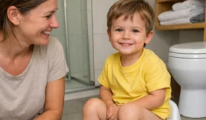 Bambino sorridente e sereno che affronta lo spannolinamento